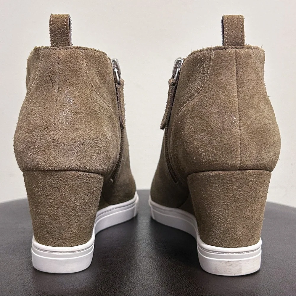 Linea Paolo Taupe Metallic Glitter Wedge Bootie Suede Leather Shoes 9M 9 M